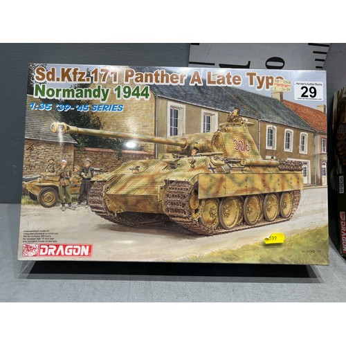 29 - 3 Dragon model kits, German v-2 missile, panther tank both cellophane wrapped, stug III tank