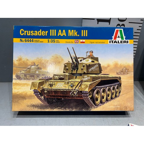 36 - 3 Italeri model kits, willys jeep, crusader tank, camionetta tank