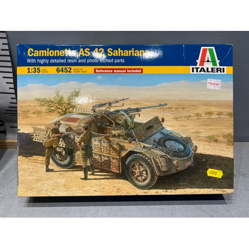 36 - 3 Italeri model kits, willys jeep, crusader tank, camionetta tank