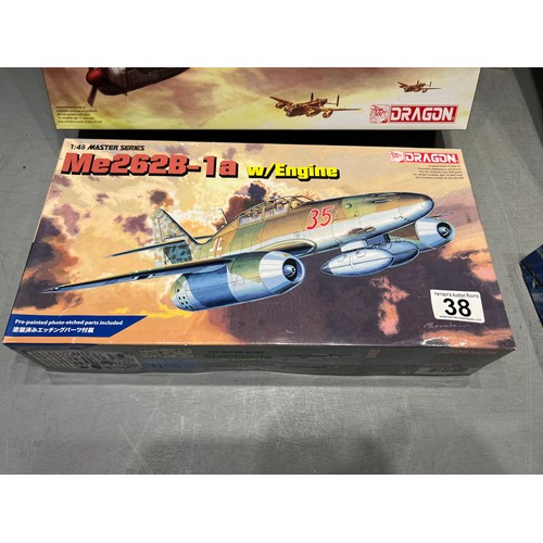 38 - 4 Dragon model kits, me262 mistel ju88c-6night fighter, do335b-6 arrow, me 262b-1aw engine