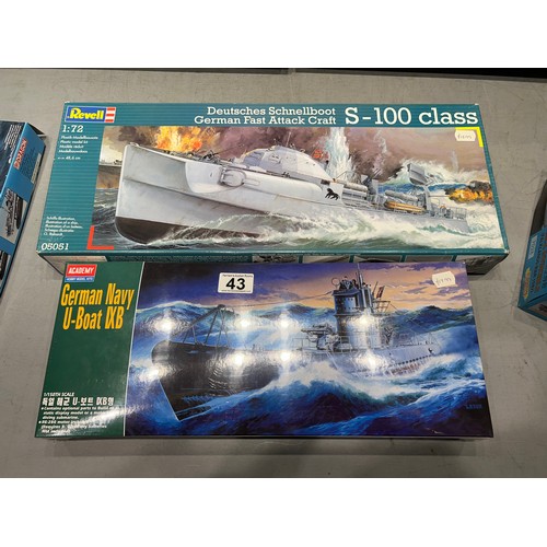 43 - 6 Model kits, dragon revell etc German u boat, H.M.S INVINCIBLE, h.m.s Manchester, submarine x2, Ger... 