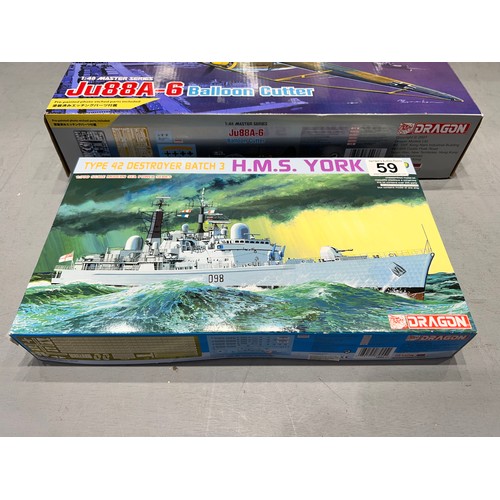 59 - 3 Dragon model kits, H.M.S York, balloon cutter, mistel