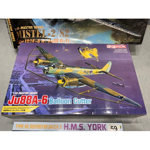 59 - 3 Dragon model kits, H.M.S York, balloon cutter, mistel