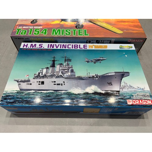 61 - 3x Dragon models inc, mistel-2/52, ta154 mistel + hms invincible