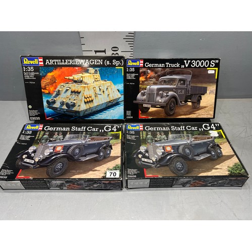 70 - 4x Revell vehicles inc, g4 staff car x2 artillery wagon, 'v3000s' truck