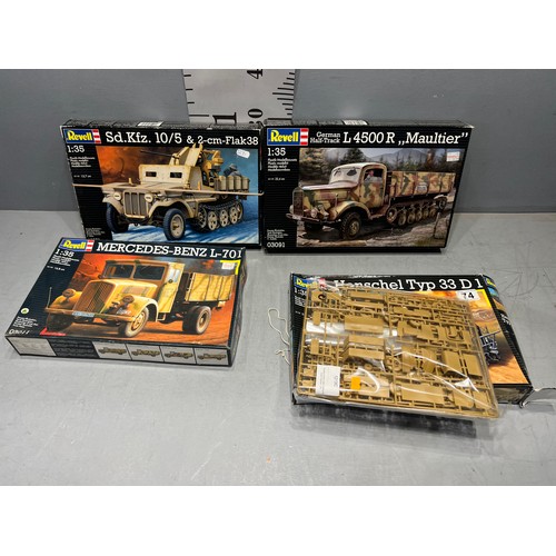 74 - 4x Revell kits inc merc benz L.701, flak 38, maultier, henschel type 33D1