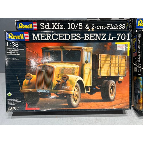 74 - 4x Revell kits inc merc benz L.701, flak 38, maultier, henschel type 33D1