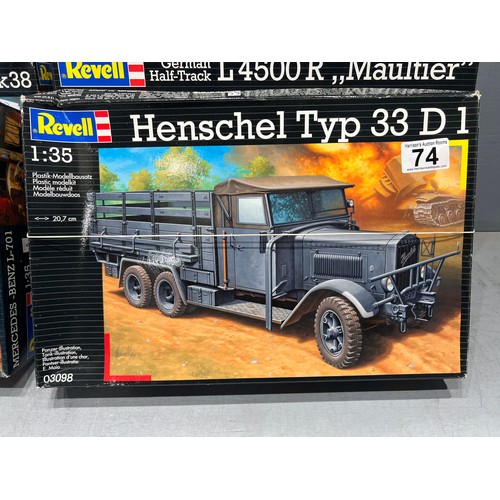 74 - 4x Revell kits inc merc benz L.701, flak 38, maultier, henschel type 33D1