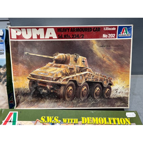 77 - 5x Italeri vehicle inc 2x puma tank, LVT 'alligator' Goliath + flak 30