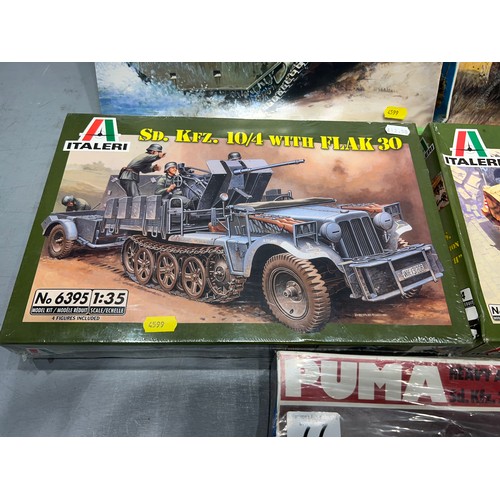 77 - 5x Italeri vehicle inc 2x puma tank, LVT 'alligator' Goliath + flak 30