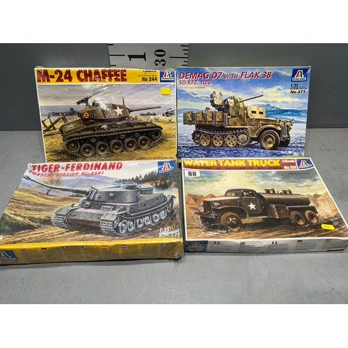 88 - 4x Italeri models inc, tiger Ferdinand m-24 chaffee, demag d7 + water tank truck