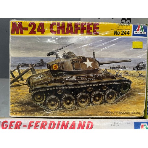 88 - 4x Italeri models inc, tiger Ferdinand m-24 chaffee, demag d7 + water tank truck