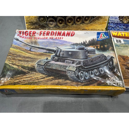 88 - 4x Italeri models inc, tiger Ferdinand m-24 chaffee, demag d7 + water tank truck