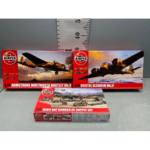 100 - 3 Airfix model kits, bristol blenheim mk.if, armstrong whitworth whitley + RAF bomber re-supply