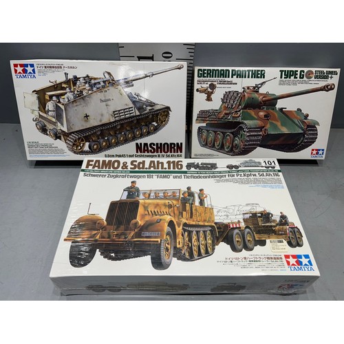 101 - 3x Tamiya kits inc, famo & sd, nashorn & German panther type g