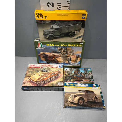 104 - 4 Italeri + 1 CMK models inc duck w, panzerspahwagen, opel blitz, coloniale & anti air craft gun