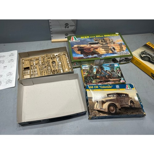 104 - 4 Italeri + 1 CMK models inc duck w, panzerspahwagen, opel blitz, coloniale & anti air craft gun