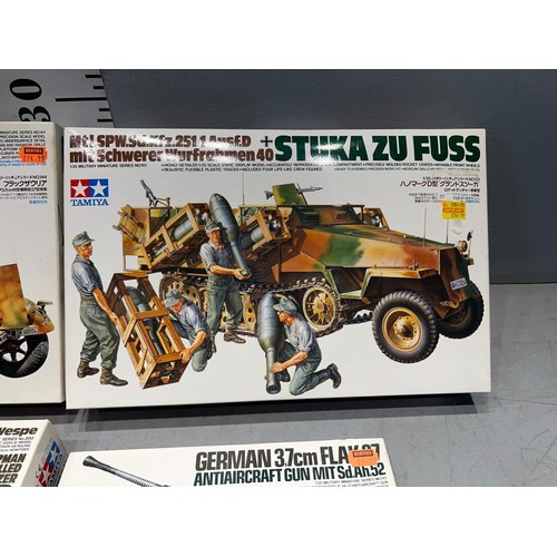 133 - 4 x Tamiya model kits inc German 81a semi tank, Wesp + tank, Stuka Zu Fuss + Flak 37 anti aircraft