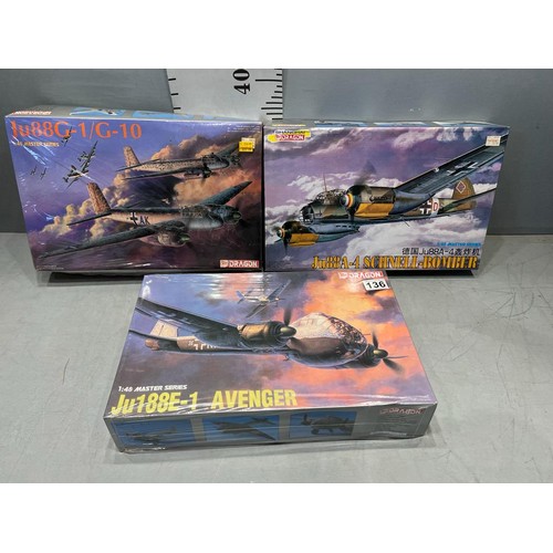 136 - 3 x Dragon master series planes inc JU188E-1 Avenger, Schnell-bomber + JU88G-1/G10