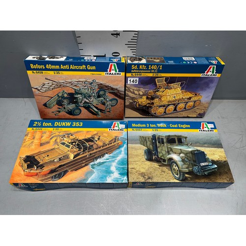 140 - 4 x Italeri models inc 2.5 ton DUKW 353, coal engine truck, Sd.kfz + Bofors AA gun