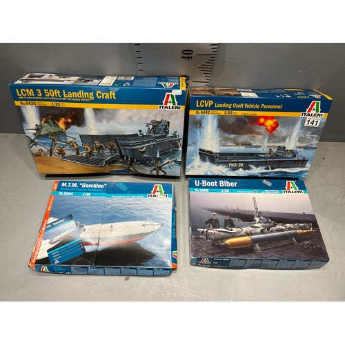 141 - 4 x Italeri models inc, LCM 3 landing craft, LCVP, Barchino + U-boat biber