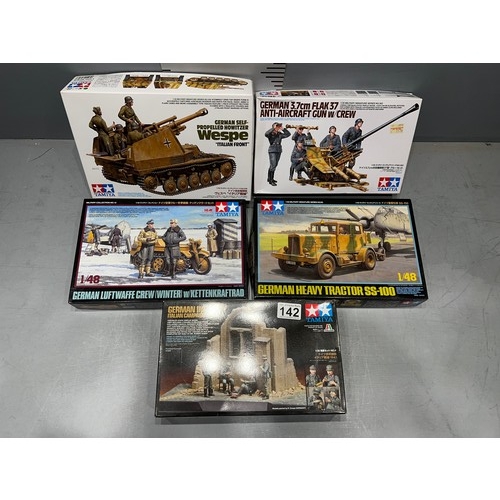 142 - 5 x Timiya models inc, Wespe tank, heavy tractor, Flak 37 + crew + 2 crew sets