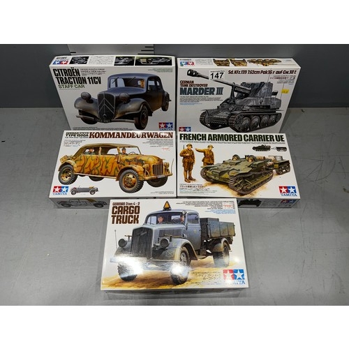 147 - 5 x Tamiya vehicles inc Marder III, Steyr type 1500A, cargo truck, armoured carrier + Citreon tracti... 