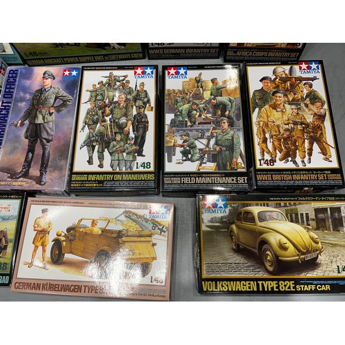 149 - 14 x Tamiya model kits inc utility car, VW type 82E + 12 troop or soldier kits