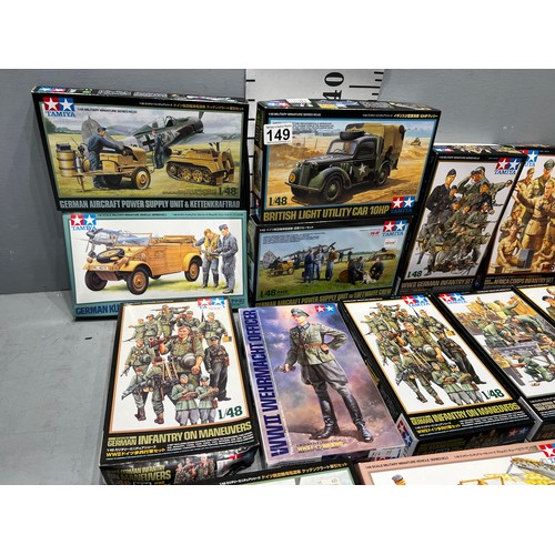 149 - 14 x Tamiya model kits inc utility car, VW type 82E + 12 troop or soldier kits