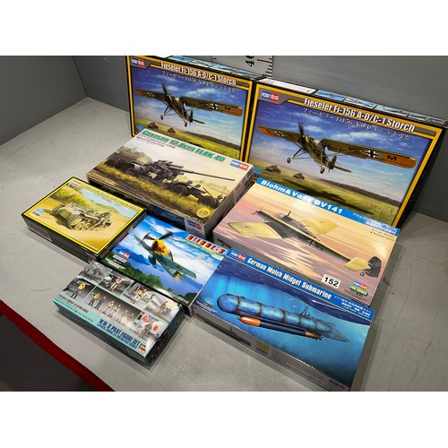 152 - 8 Hobby boss models inc 2 x Fieseler F1-156 planes, German Flak 40, Submarine, Blohm + Voss etc