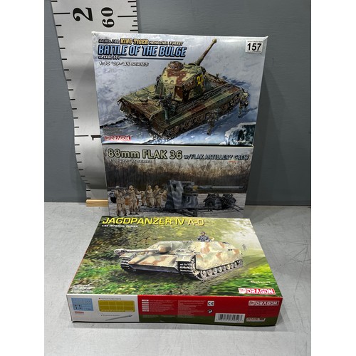 157 - 3 x Dragon kits inc, King tiger, Flak 36 with crew + Jagdpanzer IV