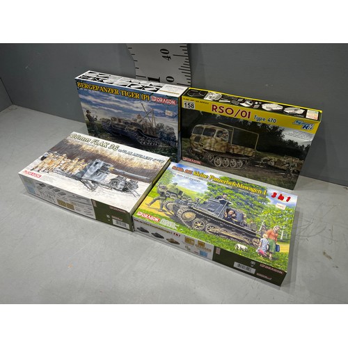 158 - 4 x Dragon kits inc Bergepanzer tiger, RSO/01, Flak 36 + Kleine Panzerbefehlswagen I