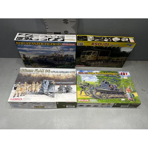 158 - 4 x Dragon kits inc Bergepanzer tiger, RSO/01, Flak 36 + Kleine Panzerbefehlswagen I