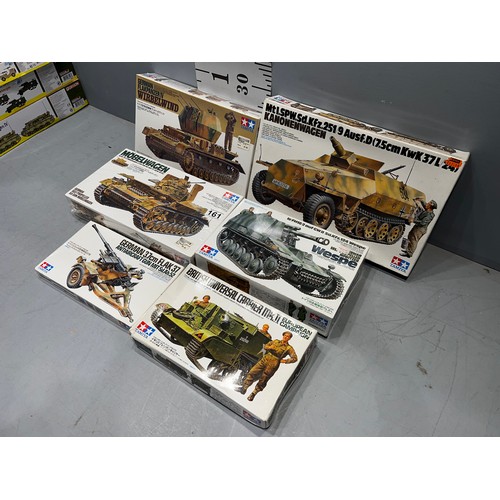 161 - 6 x Tamiya models inc Kononwagen, Wirbelwind, Mobelwagen, Universal carrier, Wespe + Flak 37 AA Gun