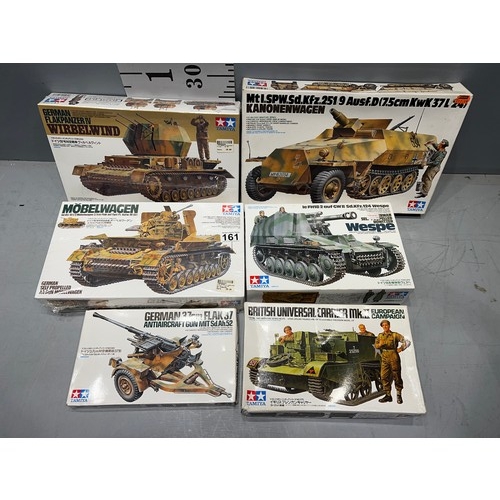 161 - 6 x Tamiya models inc Kononwagen, Wirbelwind, Mobelwagen, Universal carrier, Wespe + Flak 37 AA Gun