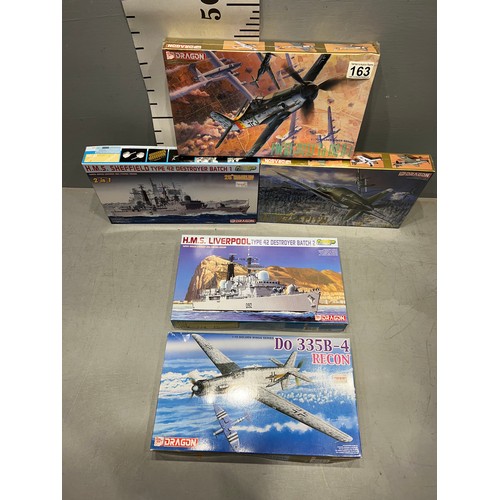 163 - 5 x Dragon kits. 3 planes inc Fockewulf + 2 ships inc HMS Liverpool + HMS Sheffield destroyers