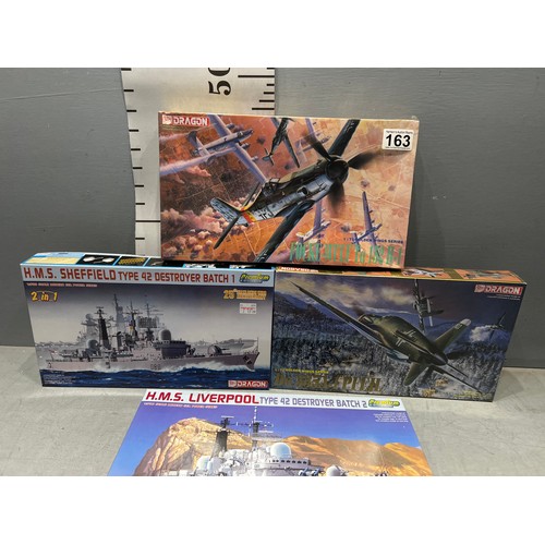 163 - 5 x Dragon kits. 3 planes inc Fockewulf + 2 ships inc HMS Liverpool + HMS Sheffield destroyers