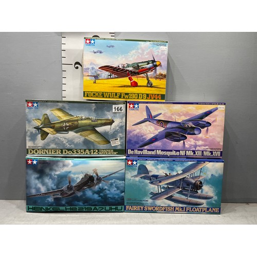 166 - 5 x Tamiya plane kits inc 'Anteater' Focke-wulf, Heinkel, Mosquito + Fairey swordfish