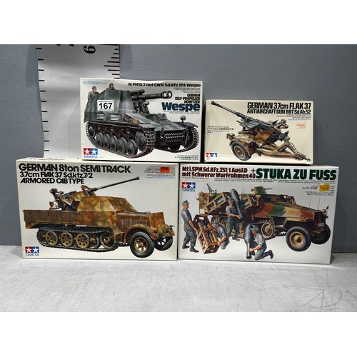 167 - 4 x Tamiya kits inc, Flak 37, semi truck, Stuka Zu Fuss, Wespe + Flak 37 AA gun