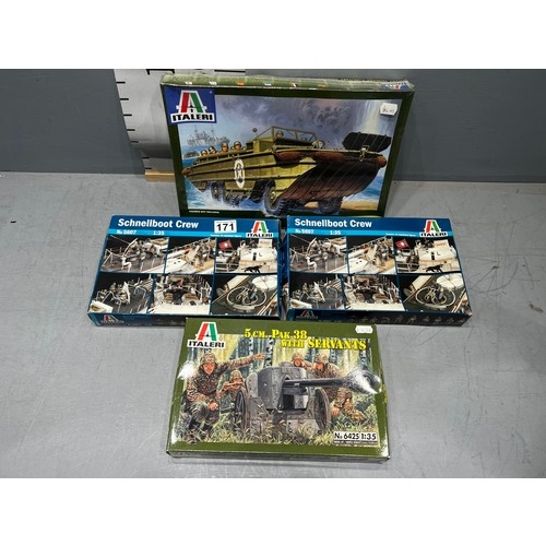 171 - 4 x Italeri kits inc DUKW, Pak 38 with servants + 2 x Schnellboot crew