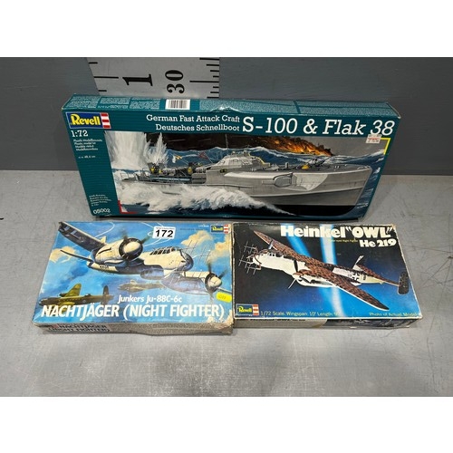 172 - 3 x Revell kits inc Deutsches Schnellboat S-100 + Heinvel lawl + Nachtjager Junkers Ju-886-6C