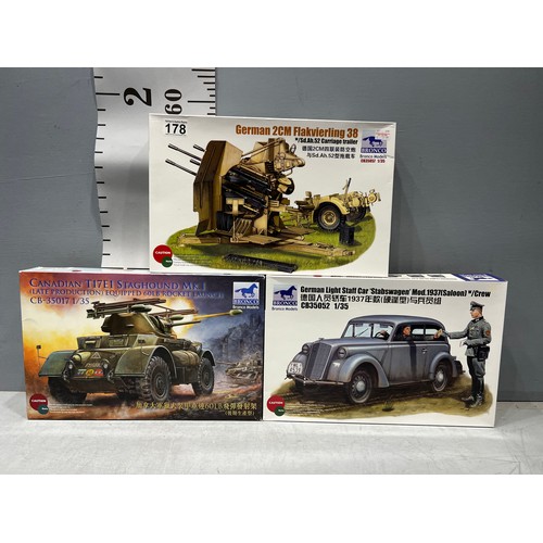 178 - 3 Bronco models inc Flakvierling 38, Stabswagen + Canadian T17E1 + Staghound MK1