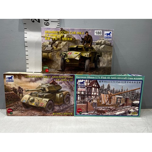 180 - 3 x Bronco models inc Humber Scat MK I, Staghound MK III + German Flak 41 AA gun