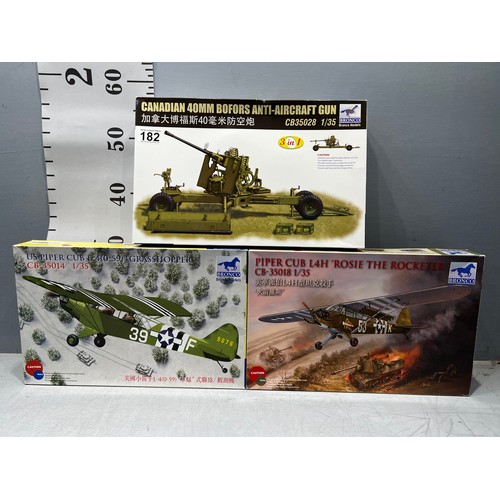 182 - 3 x Bronco models inc US 'Grasshopper' + Piper Cub L4H + Canadian AA gun