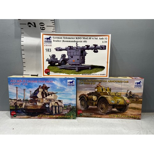 183 - 3 x Bronco kits. T17EZ Staghound armoured car. A13 MK II cruiser. German Telemeter + trailer