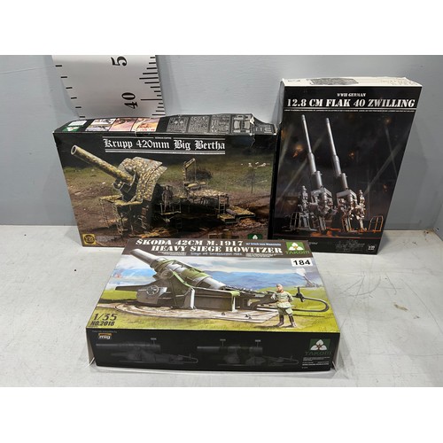 184 - 3 x Takom models inc Krupp 420mm 'Big Berther', Flak 40 Zwilling + Skoda siege Howitzer