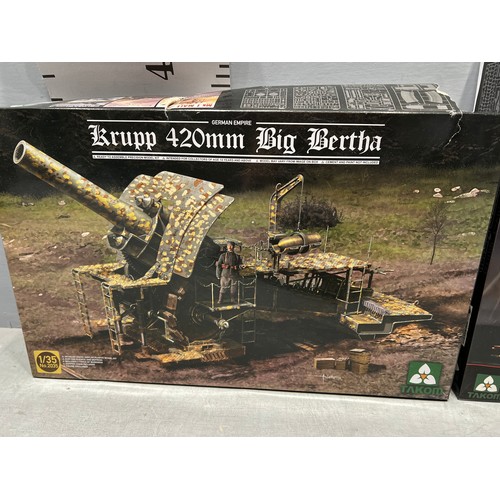 184 - 3 x Takom models inc Krupp 420mm 'Big Berther', Flak 40 Zwilling + Skoda siege Howitzer