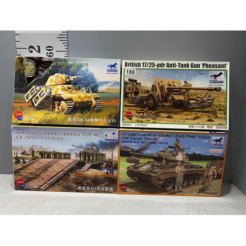 188 - 4 Bronco models inc Swurfgerat tank, British 'Pheasant' tank, US Chaffee tank + bailey bridge