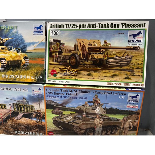 188 - 4 Bronco models inc Swurfgerat tank, British 'Pheasant' tank, US Chaffee tank + bailey bridge