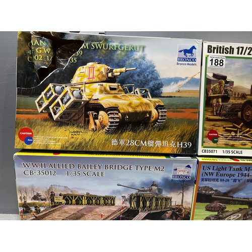 188 - 4 Bronco models inc Swurfgerat tank, British 'Pheasant' tank, US Chaffee tank + bailey bridge